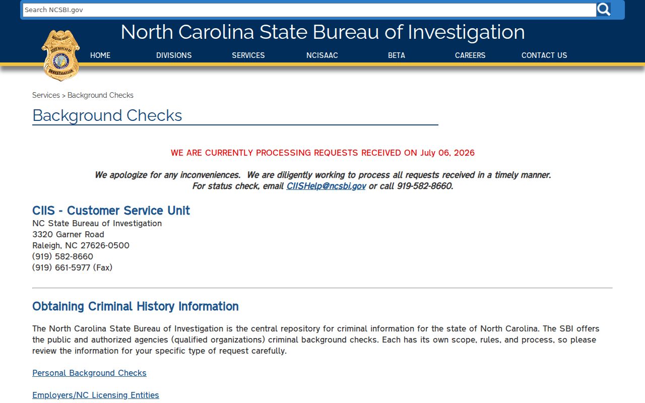 Union County criminal history and NCSBI background check channels