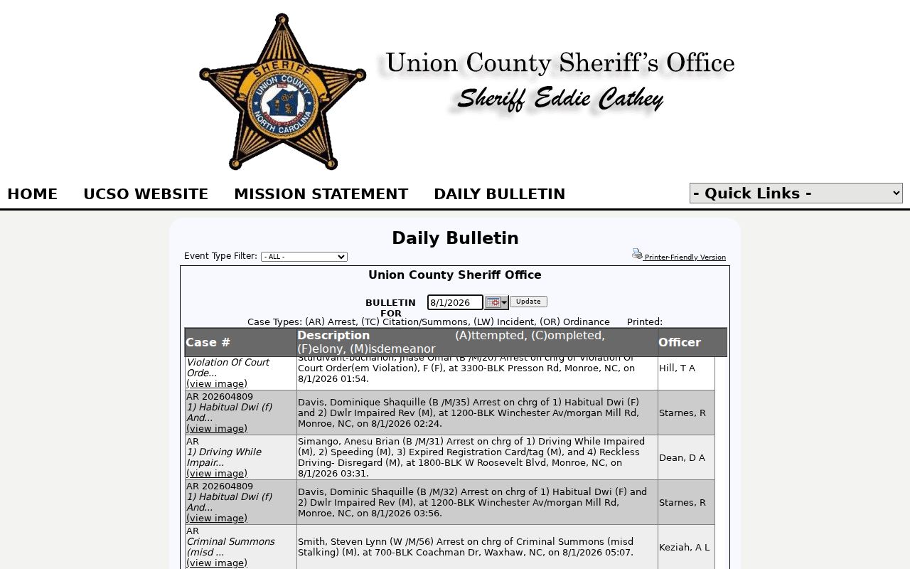 Union County arrest search Daily Bulletin controls