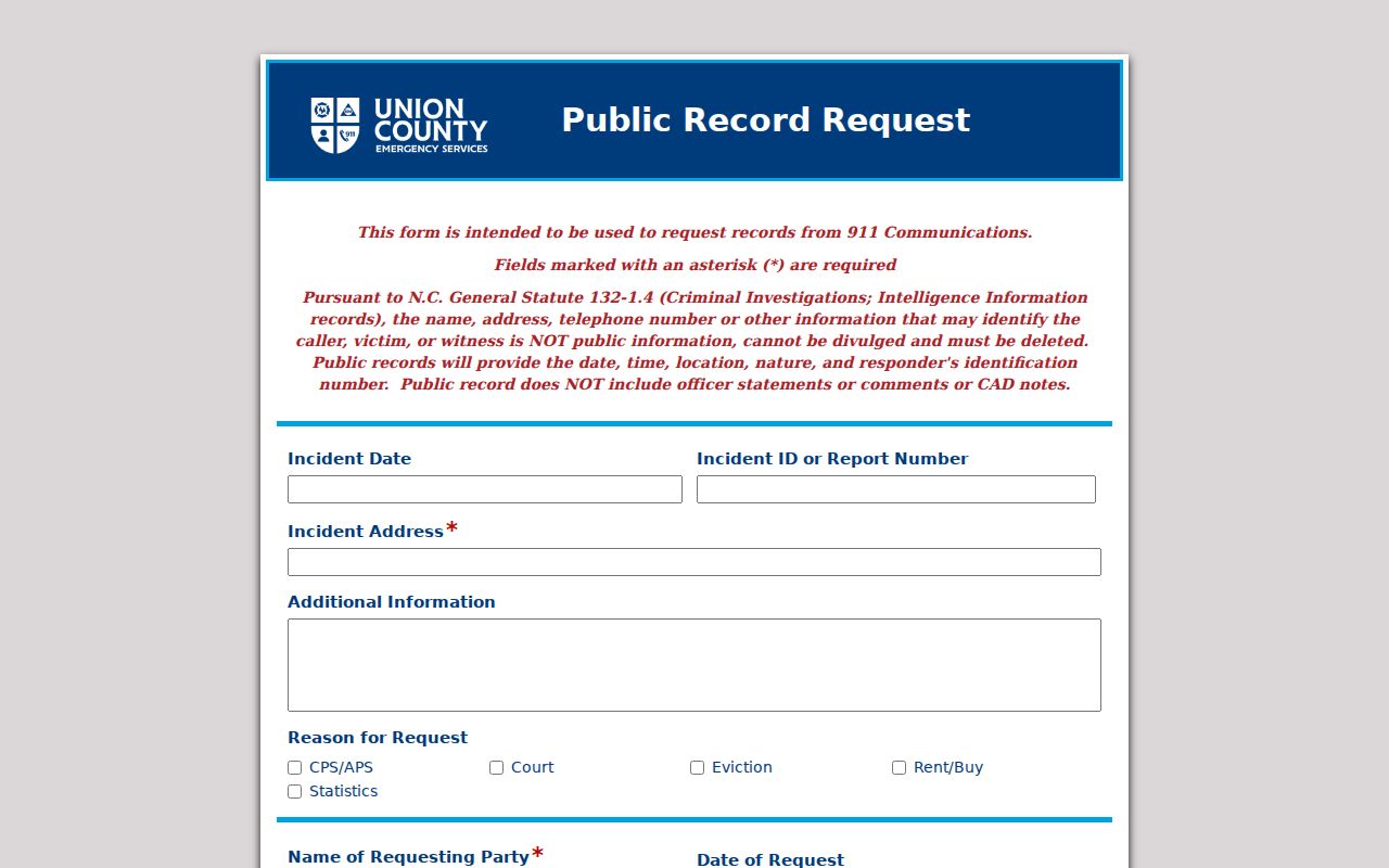 Union County arrest-related 911 record request form