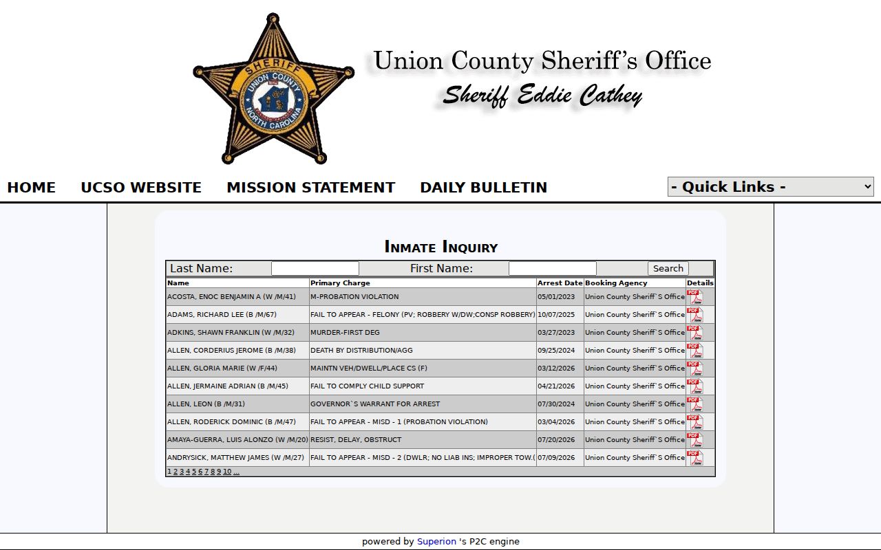 Union County arrest and current inmate search fields