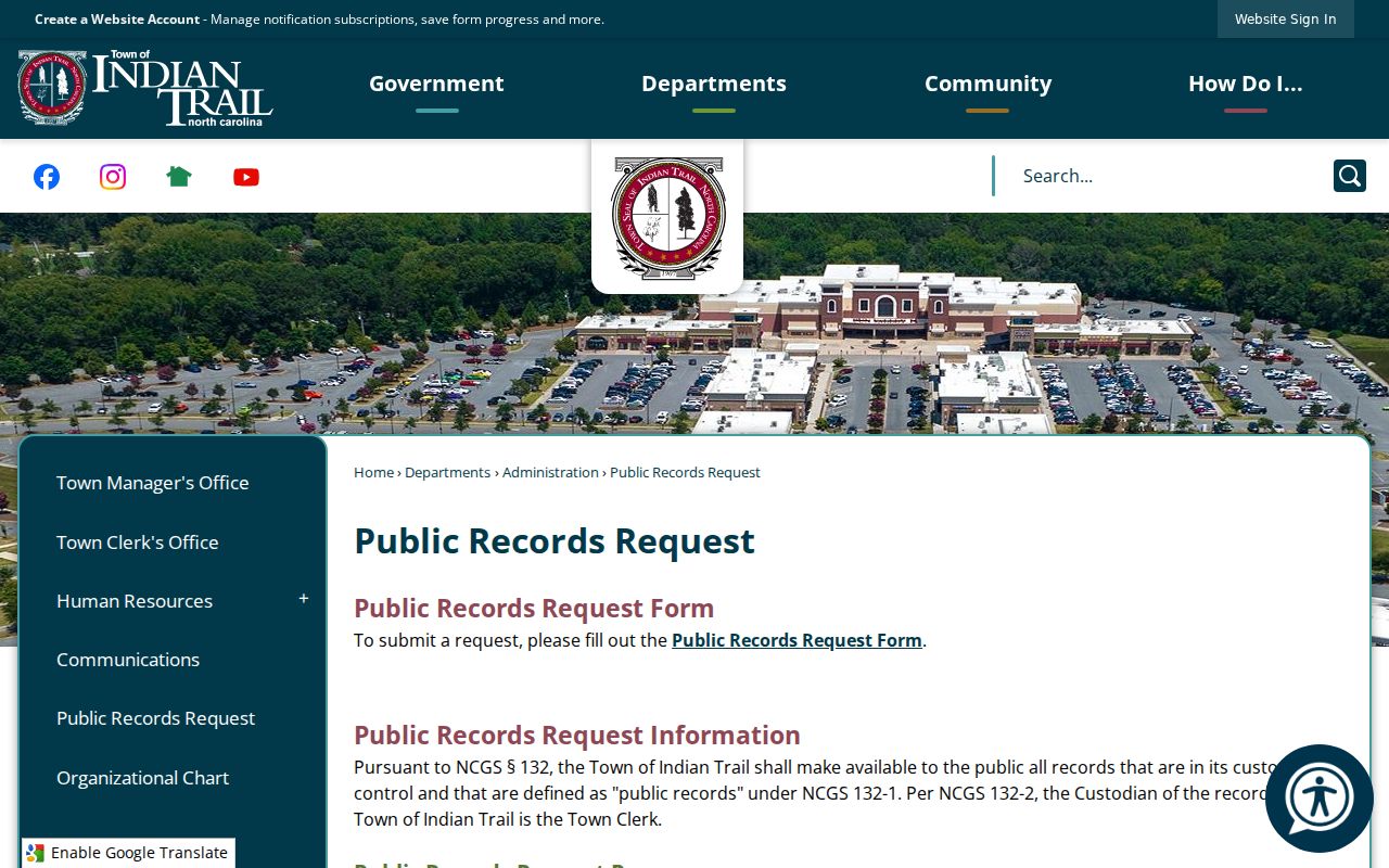 Indian Trail public record check request instructions and town process