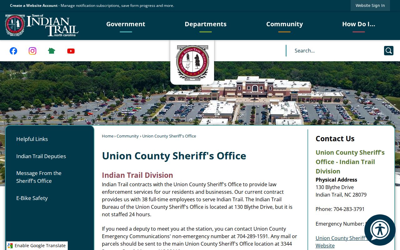 Indian Trail criminal records and contracted Union County Sheriff bureau page