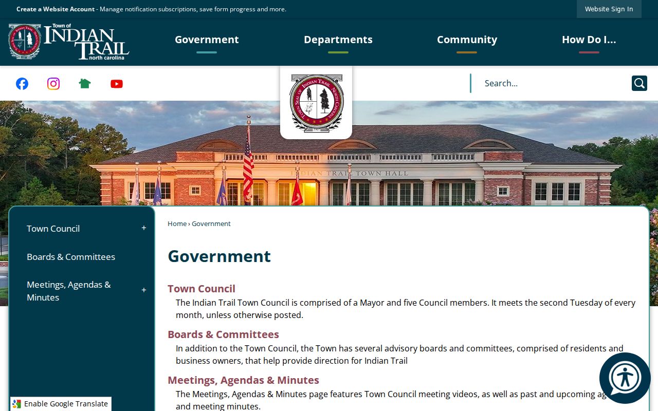 Indian Trail government records page and Town Hall context