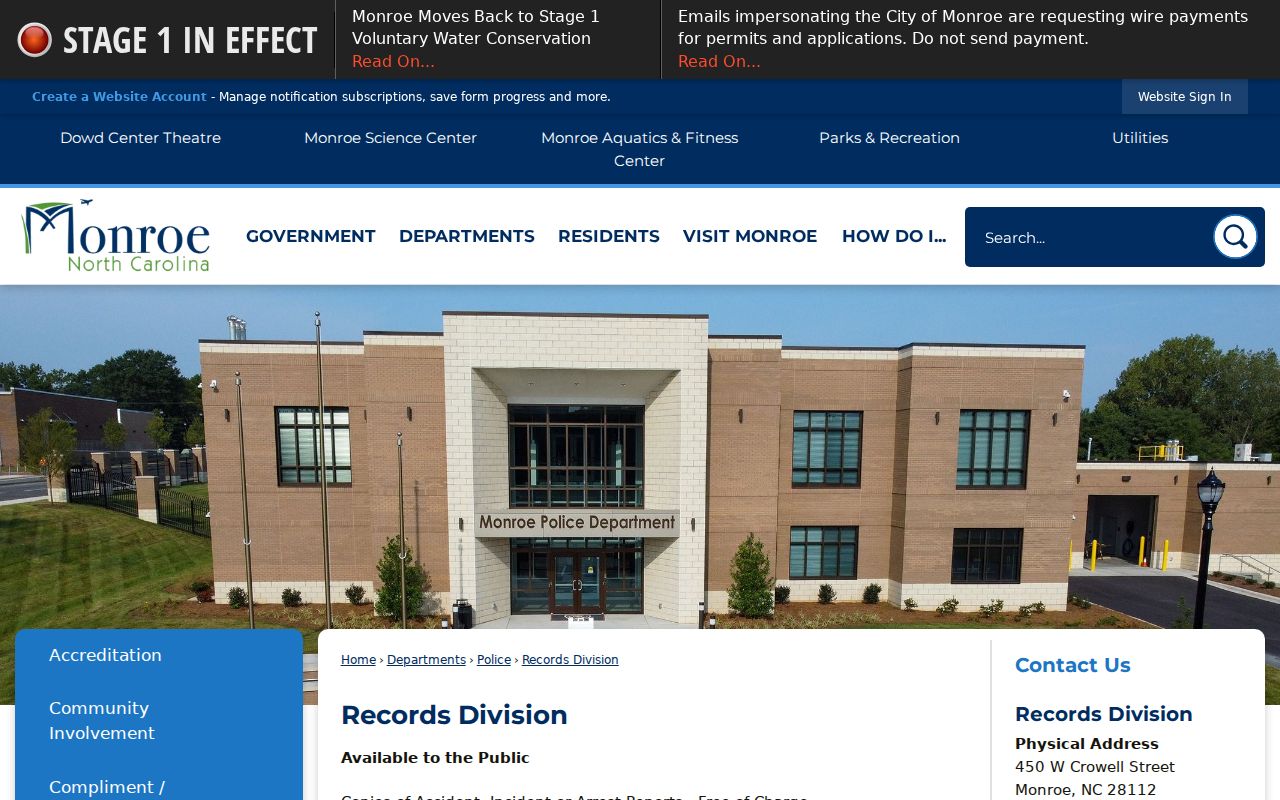 Monroe, Union County criminal records division report access screen